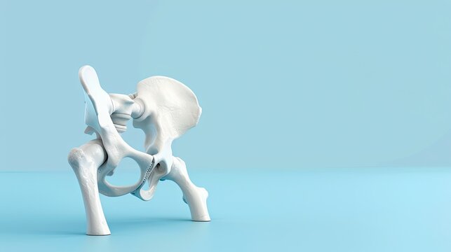 White 3D model of a human pelvic bone on a blue background, anatomical representation for medical or educational purposes.