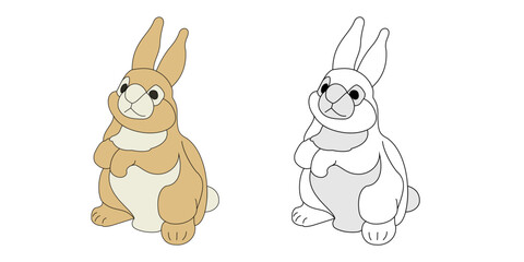 Naklejka premium Cute cartoon rabbit illustration with a playful and friendly expression. A charming, simplified drawing of a bunny, presented in both full color and outline versions, perfect for children's themes