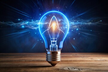 a blue glowing light bulb shaped like a rocket on a desk, with the light emitting a trail of sparks or light streaks, symbolizing innovation and creative ideas taking flight