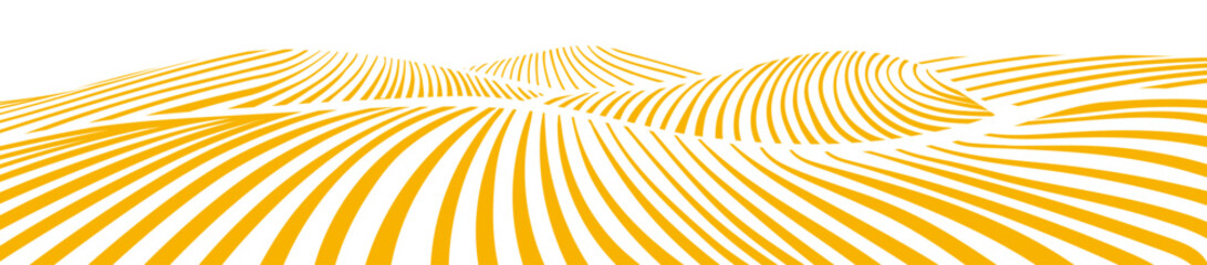 Farm field landscape on small hills. Furrows pattern in a plowed prepared for crops planting. Rows of soil, rural countryside perspective horizon view. Vector engraving sketch illustration.