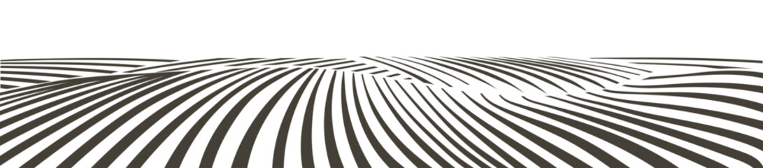 Farm field landscape on small hills. Furrows pattern in a plowed prepared for crops planting. Rows of soil, rural countryside perspective horizon view. Vector engraving sketch illustration.