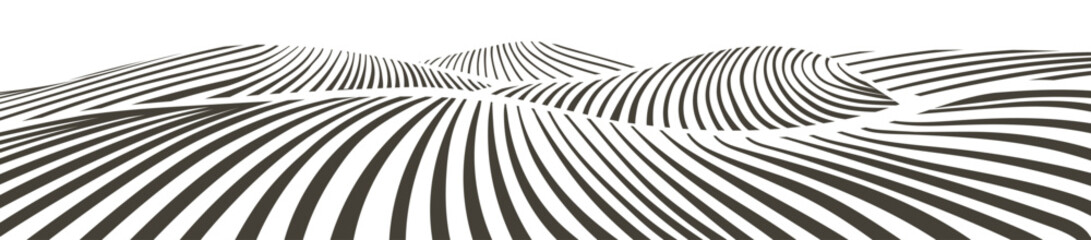 Farm field landscape on small hills. Furrows pattern in a plowed prepared for crops planting. Rows of soil, rural countryside perspective horizon view. Vector engraving sketch illustration.