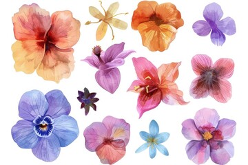 Watercolor flowers set with pastel colors on white background.