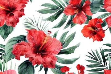 Watercolor flowers pattern  red tropical elements  white background  seamless