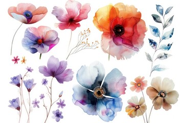 Watercolor flowers set with pastel colors on white background.