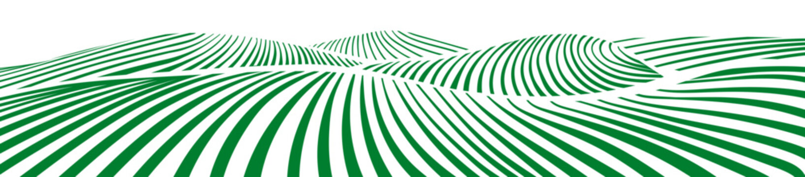 Farm field landscape on small hills. Furrows pattern in a plowed prepared for crops planting. Rows of soil, rural countryside perspective horizon view. Vector engraving sketch illustration.