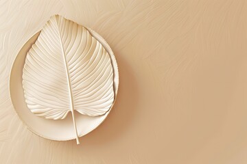 Leaf shaped plate on beige background with botanical elements. Stylish decor.