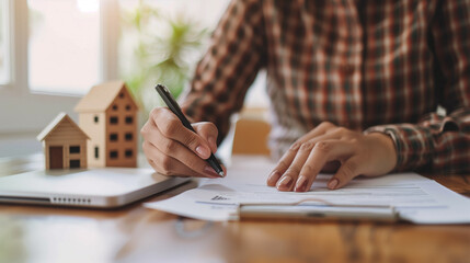 An individual signing documents related to real estate transactions, emphasizing the importance of contracts and agreements in the property market.