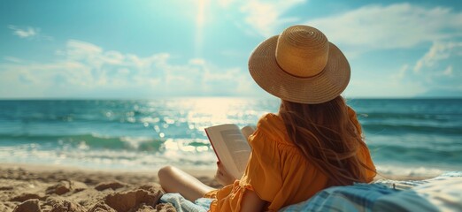 Woman Relaxing on a Sandy Beach Reading a Book on a Sunny Day