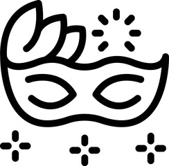 Line art icon of a carnival mask with feathers surrounded by sparkles, perfect for representing celebration and festivity
