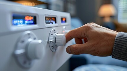 Naklejka premium Close-up view of a hand adjusting a programmable thermostat