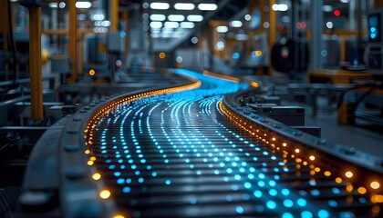 Data-Driven Efficiency, A conveyor belt system with data visualizations overlaid, big data analysis drives efficiency