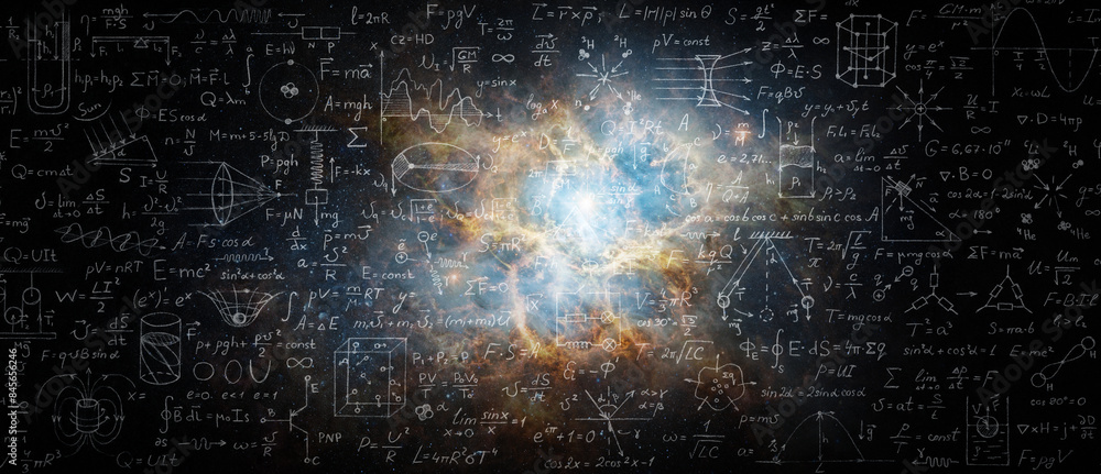 Wall mural mathematical and physical formulas against the background of a galaxy in universe. space background 