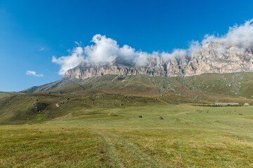 Stunning view of Aktoprak pass between Baksan and Chegem gorges. Caucasus mountains....