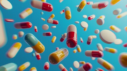 Various pills and capsules floating on a blue background. Suitable for medical, pharmaceutical, and health-related content. Generated AI