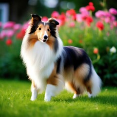 Cute Sheltie stands in a bright garden - an image generated by artificial intelligence