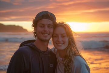 Portrait of a merry caucasian couple in their 20s showing off a lightweight base layer in vibrant beach sunset background