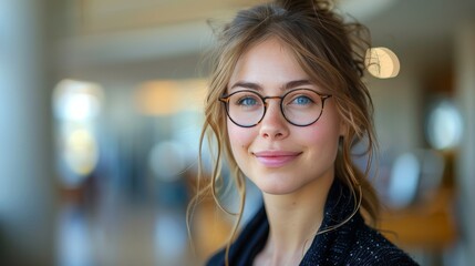 Young Woman With Glasses Smiling Indoors During the Day
