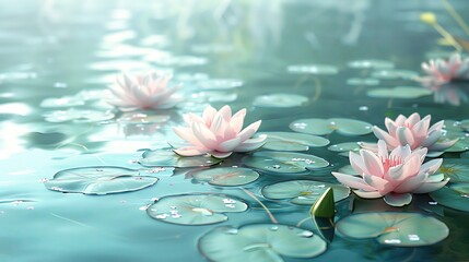 A tranquil pond with lotus flowers and green lily pads, creating a serene background with copy space