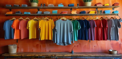 Colorful T-Shirts Displayed On Wooden Shelves In Retail Store