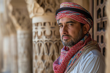 Obraz premium Portrait of a mature man in traditional Muslim clothing near the entrance of a mosque. Suitable for cultural, religious, and heritage themes. Generated AI