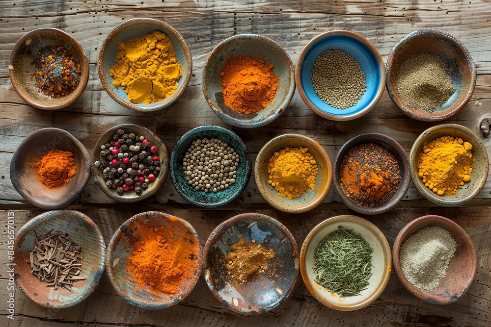 Poster An overhead view of various colorful spices in ceramic bowls arranged on a rustic wooden surface. The spices include turmeric, paprika, cumin, and coriander. Generative AI