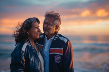 Portrait of a glad indian couple in their 50s sporting a stylish varsity jacket isolated in vibrant...