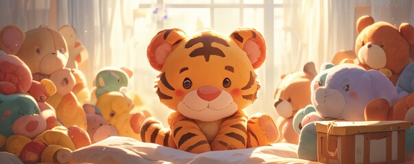 Cute tiger plush toy is sitting on a bed with other plush toys in a sunlit room