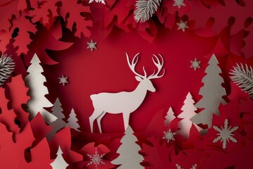 A paper-cut scene art features a deer amidst a snowy forest, embodying the magic of New Year and Merry Christmas, evoking a sense of wonder and joy