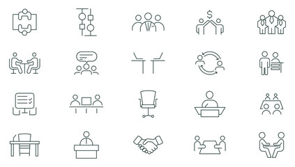 Meeting line icon set collection. Conference, team, group, presentation, meeting room, team, teamwork, presentation, idea, brainstorm, seminar, interview outline icon set. Thin outline icon pack.