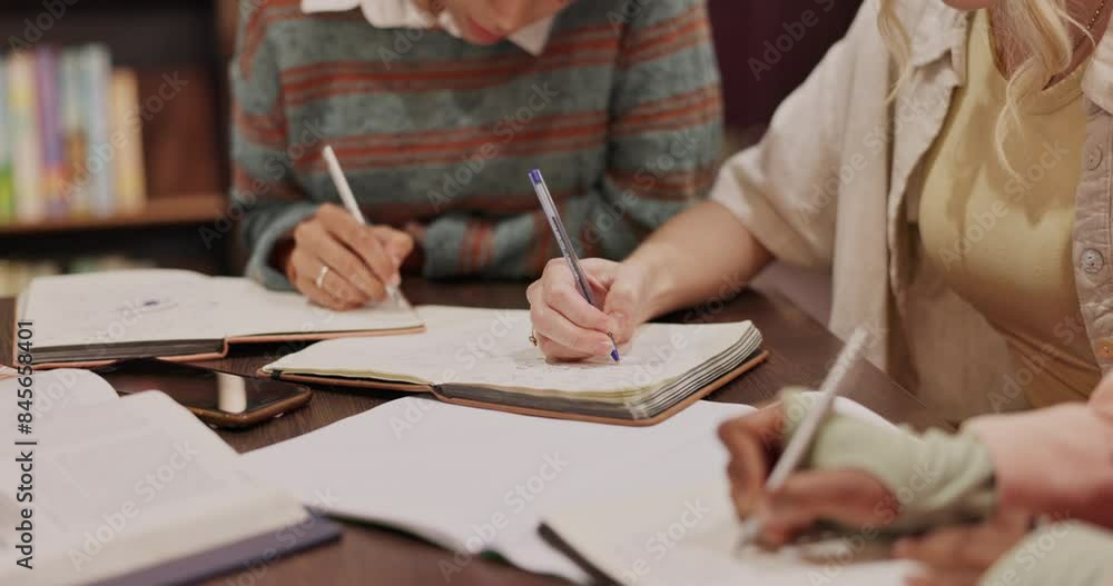 Poster University, library and hands of people with notebook for exam, learning and knowledge in education. College, campus and students with writing on paper for studying, support and preparation for test