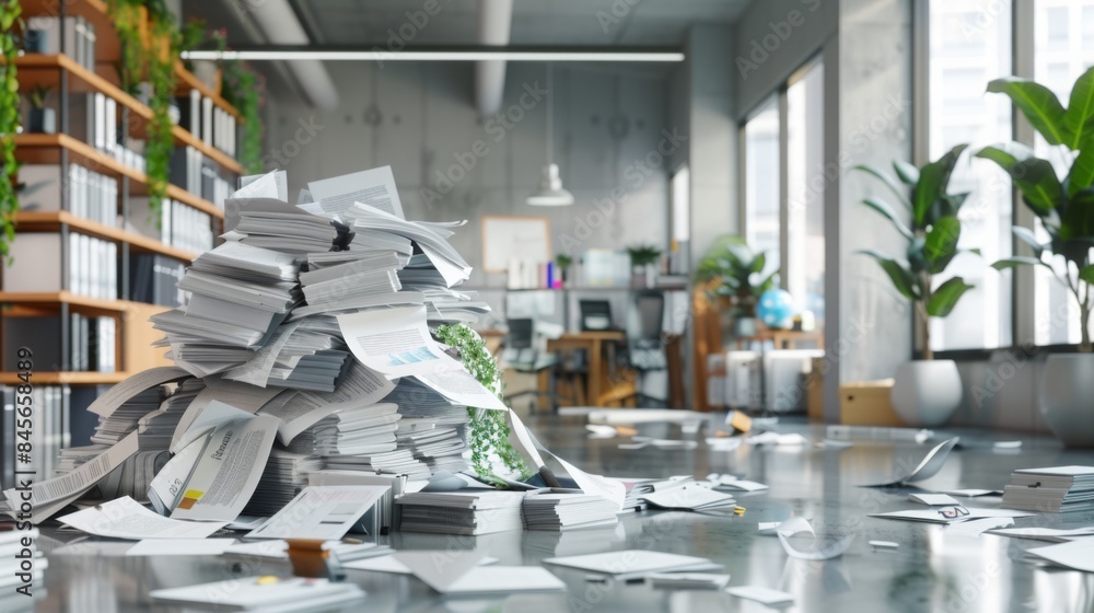 Poster a large pile of papers has fallen from a bookshelf, creating a chaotic mess on the office floor.