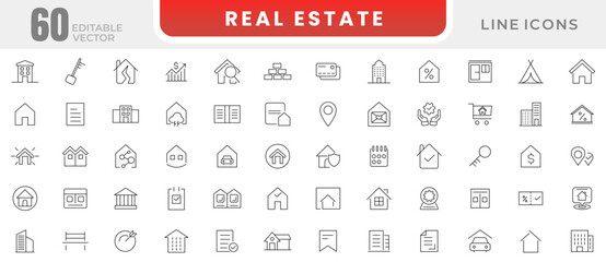 Real Estate line icons set. Buy, purchase, sale, housing, rental of premises, insurance, realty, property, mortgage, buying, home loan outline icon collection. Thin outline icons vector.