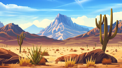 Illustration of a desert landscape with prominent cacti and rocky terrain, leading to rugged mountains under a clear blue sky