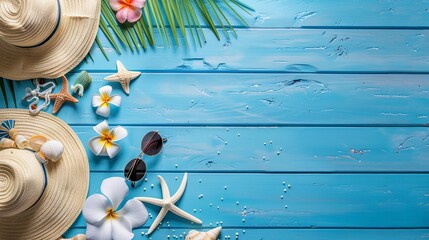 A blue wooden background with accessories and summertime fun. Speculative and picturesque