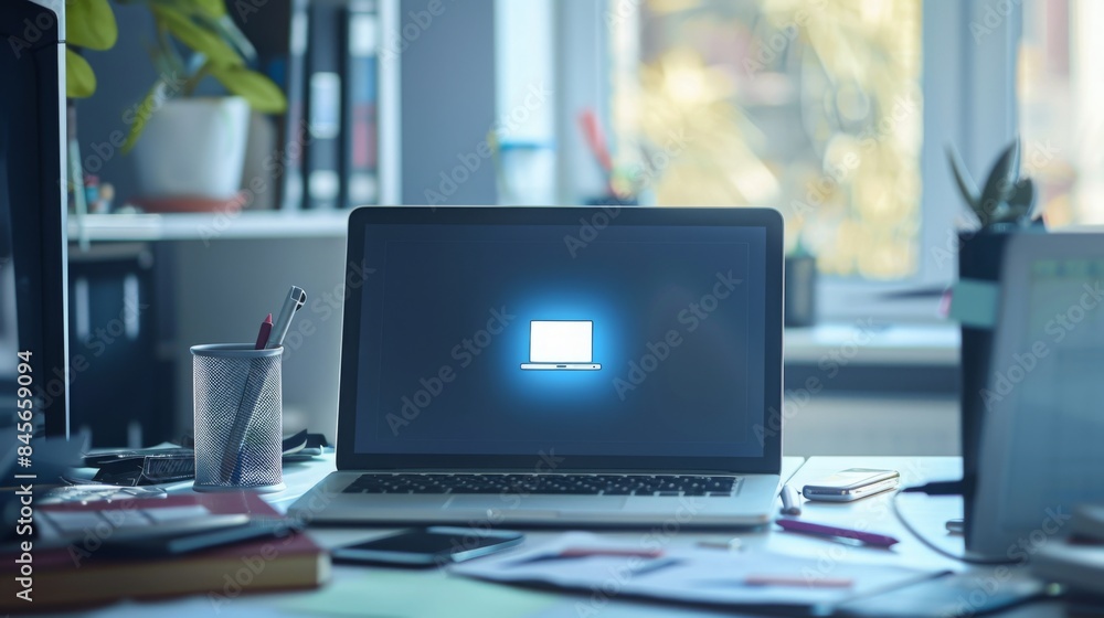 Poster a laptop computer rests on a desk near a window, with a blank screen displaying a laptop icon. the d