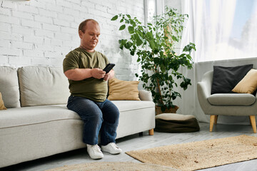 Fototapeta premium A man with inclusivity sits on a couch in a casual setting, using his phone.
