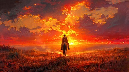 Fototapeta premium A lone cowboy rides into the sunset on a vast prairie, captured in a stunning digital painting with vibrant colors and dramatic sky.