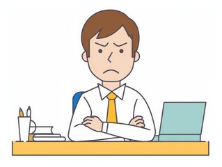 Frustrated employee clipart, emotion in workplace, vector illustration, simple lines, isolated on white background