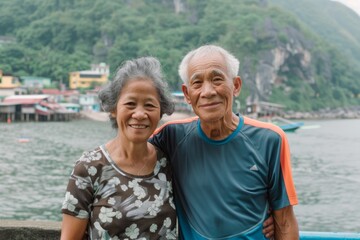 Fototapeta premium Portrait of a tender asian couple in their 60s wearing a moisture-wicking running shirt in front of beautiful coastal village background