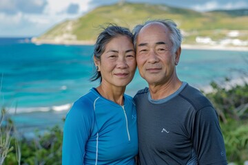 Obraz premium Portrait of a tender asian couple in their 60s wearing a moisture-wicking running shirt while standing against beautiful coastal village background