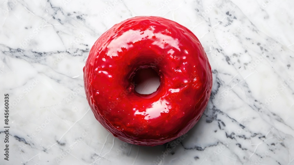 Poster red donut with glaze displayed on a marble surface close up shot from above