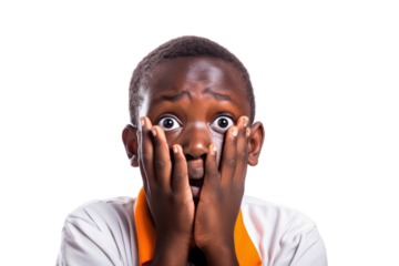 Panicked African school boy isolated on a transparent background