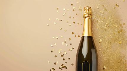 Elegant champagne bottle with golden foil and festive confetti on a beige background, perfect for celebrations and special occasions.