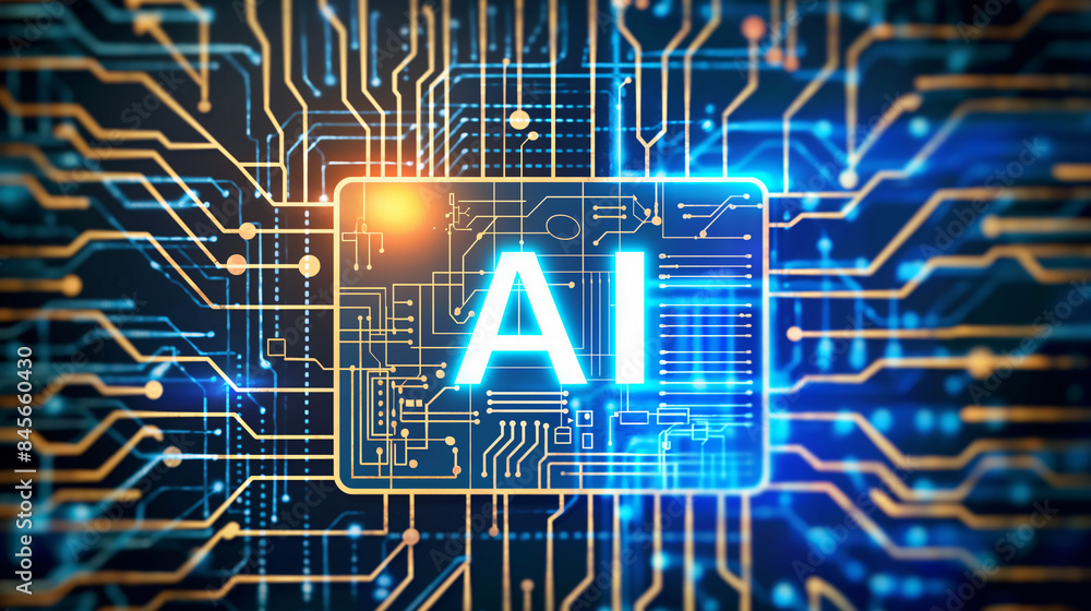 Poster a stylized digital representation of artificial intelligence, showcasing the intricate circuitry and