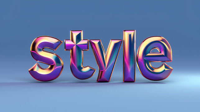 A 3D rendering of the word style in iridescent letters against a blue background