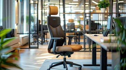Fototapeta premium A comfortable ergonomic chair with adjustable armrests in a corporate office setting.