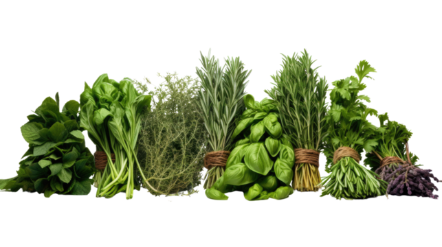 Photograph of a variety of fresh herbs, such as rosemary, thyme, basil, and mint, arranged in a pleasing composition on a pure white background
