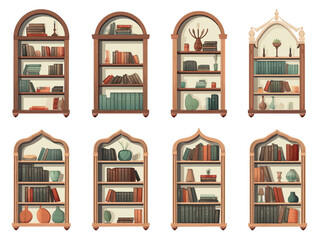 Education and knowledge library book shelves wooden vintage furniture vector bookcase textbooks and novel volumes literature and science university or college studying and learning set collection.