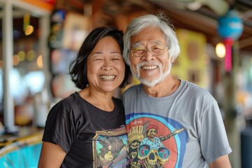 Portrait of a joyful asian couple in their 60s sporting a vintage band t-shirt on tropical beach bar background